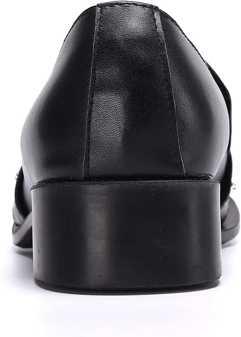 Santimon Men's Dress Loafers Metal Pointed Dragon Tip Genuine Leather Rhinestone Beaded Slip On Wedding Business Strap Tuxedo Fashion Formal Shoes