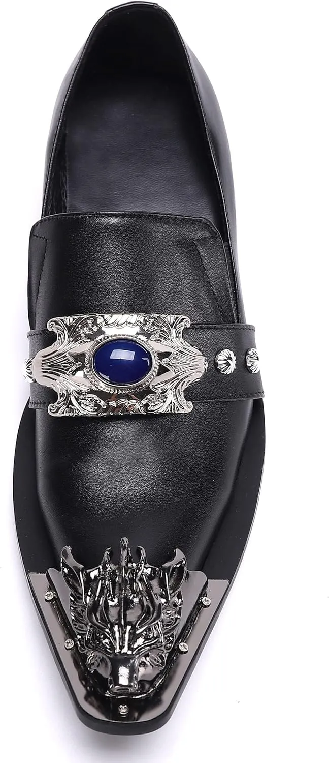 Santimon Men's Dress Loafers Metal Pointed Dragon Tip Genuine Leather Rhinestone Beaded Slip On Wedding Business Strap Tuxedo Fashion Formal Shoes