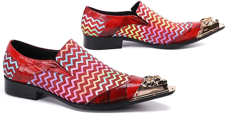 Santimon Mens Dress Loafers Zigzag Genuine Leather Metallic Lion Pointed Toe Fashion Colorful Comfortable Party Wedding Formal Driving Shoes