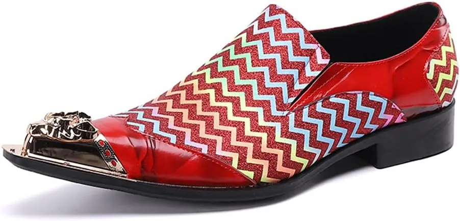 Santimon Mens Dress Loafers Zigzag Genuine Leather Metallic Lion Pointed Toe Fashion Colorful Comfortable Party Wedding Formal Driving Shoes