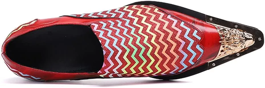 Santimon Mens Dress Loafers Zigzag Genuine Leather Metallic Lion Pointed Toe Fashion Colorful Comfortable Party Wedding Formal Driving Shoes