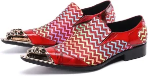 Santimon Mens Dress Loafers Zigzag Genuine Leather Metallic Lion Pointed Toe Fashion Colorful Comfortable Party Wedding Formal Driving Shoes