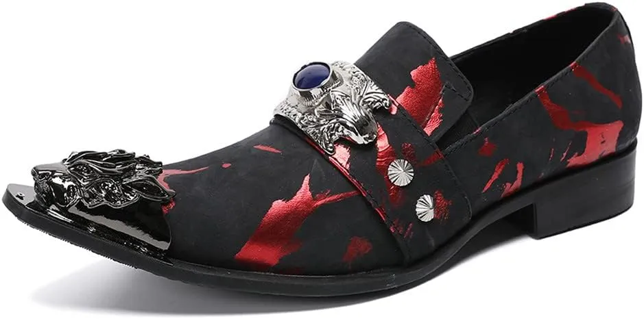 Santimon Men's Dress Shoes Suede Leather Multicolored Dragon Metal Tip Single Strap Gold Crystals Bead Wedding Formal Loafers