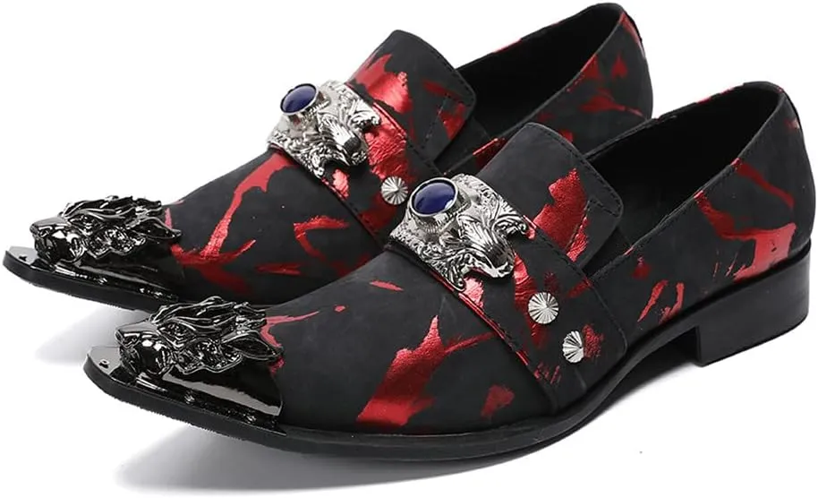Santimon Men's Dress Shoes Suede Leather Multicolored Dragon Metal Tip Single Strap Gold Crystals Bead Wedding Formal Loafers