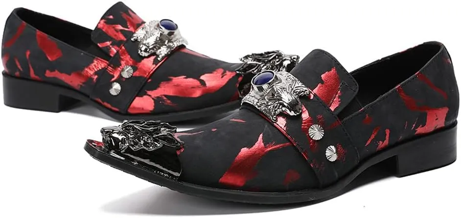 Santimon Men's Dress Shoes Suede Leather Multicolored Dragon Metal Tip Single Strap Gold Crystals Bead Wedding Formal Loafers