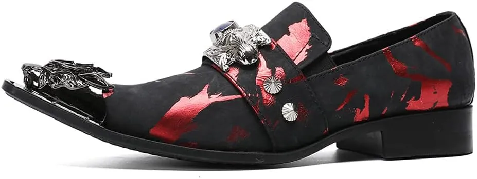 Santimon Men's Dress Shoes Suede Leather Multicolored Dragon Metal Tip Single Strap Gold Crystals Bead Wedding Formal Loafers