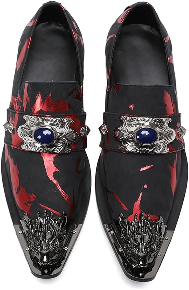 Santimon Men's Dress Shoes Suede Leather Multicolored Dragon Metal Tip Single Strap Gold Crystals Bead Wedding Formal Loafers