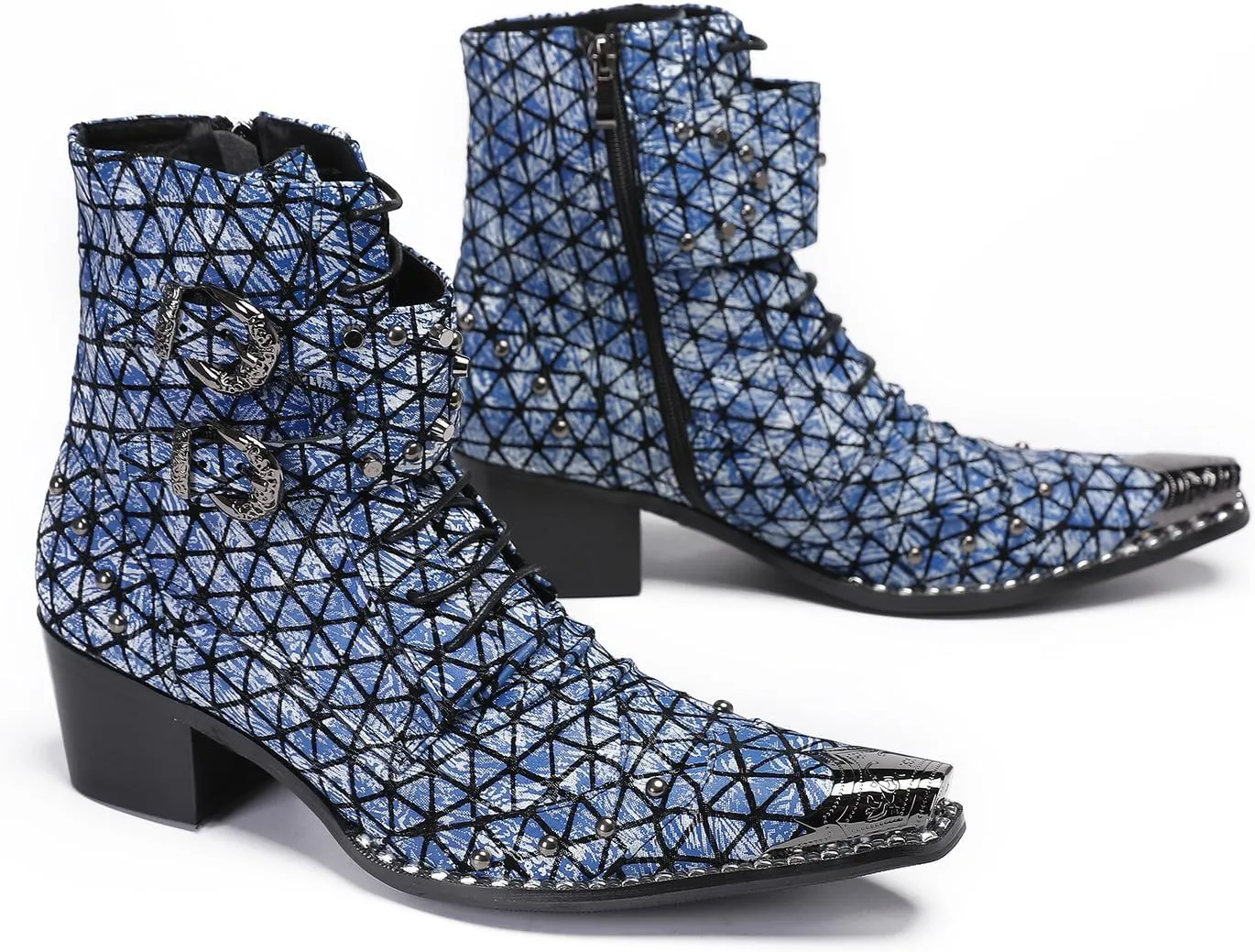 Santimon Men's Genuine Leather Cowboy Boots – Western Dress Boots with Metal Wingtip Toe & Buckle/Bead Details | Mid-Top Boots for Casual, Party & Motorcycle Wear | Rock, Prom & Ballroom Style