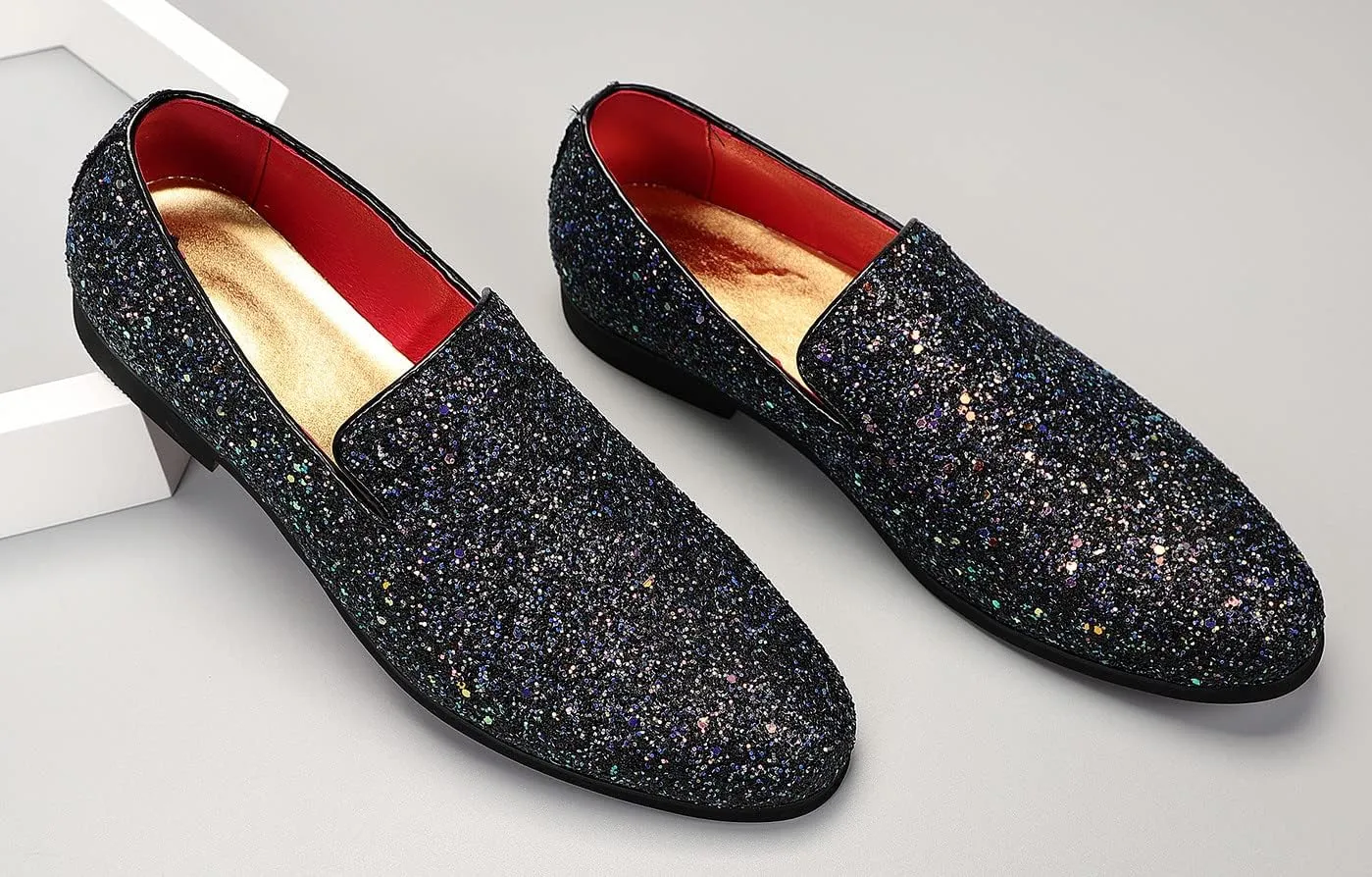 Santimon Mens Glitter Loafers Slip-On Dress Shoes – Sparkly Tuxedo & Suit Shoes for Weddings, Parties, and Formal Events