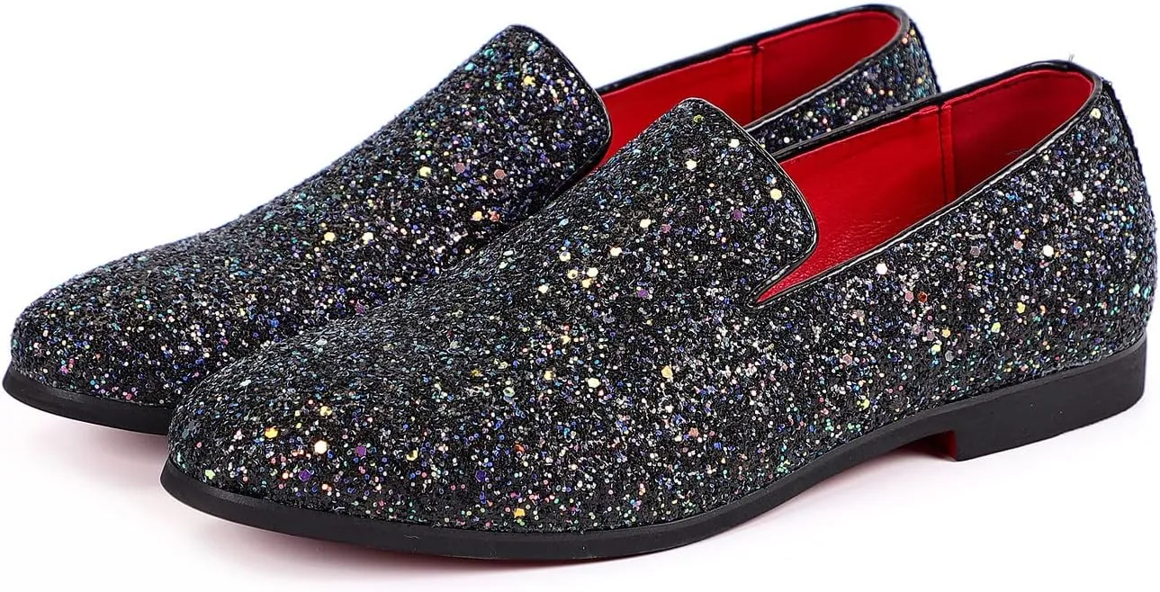 Santimon Mens Glitter Loafers Slip-On Dress Shoes – Sparkly Tuxedo & Suit Shoes for Weddings, Parties, and Formal Events