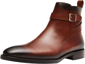Santimon Mens Leather Boots Buckle Strap Formal Dress Business Casual Motorcycle Zip Ankle Boot For Men