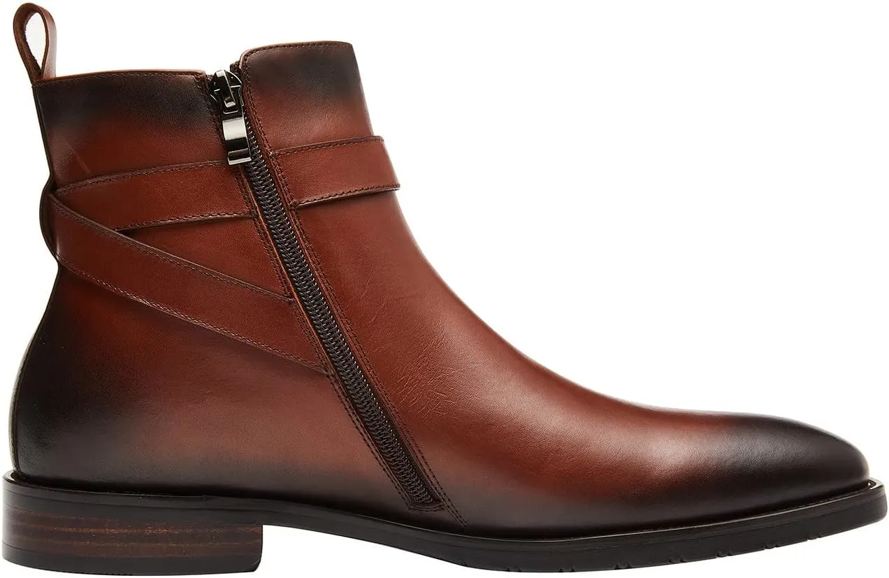 Santimon Mens Leather Boots Buckle Strap Formal Dress Business Casual Motorcycle Zip Ankle Boot For Men
