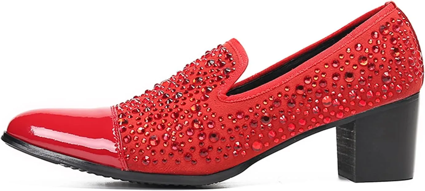 Santimon Mens Penny Loafers Casual Dress Slip On Prom Shoes Genuine Leather Fashion Party Studded Pump Tuxedo Wedding Ballroom Singer Bar Disco Mocassins Western Cowboy Heels Shoes for Men