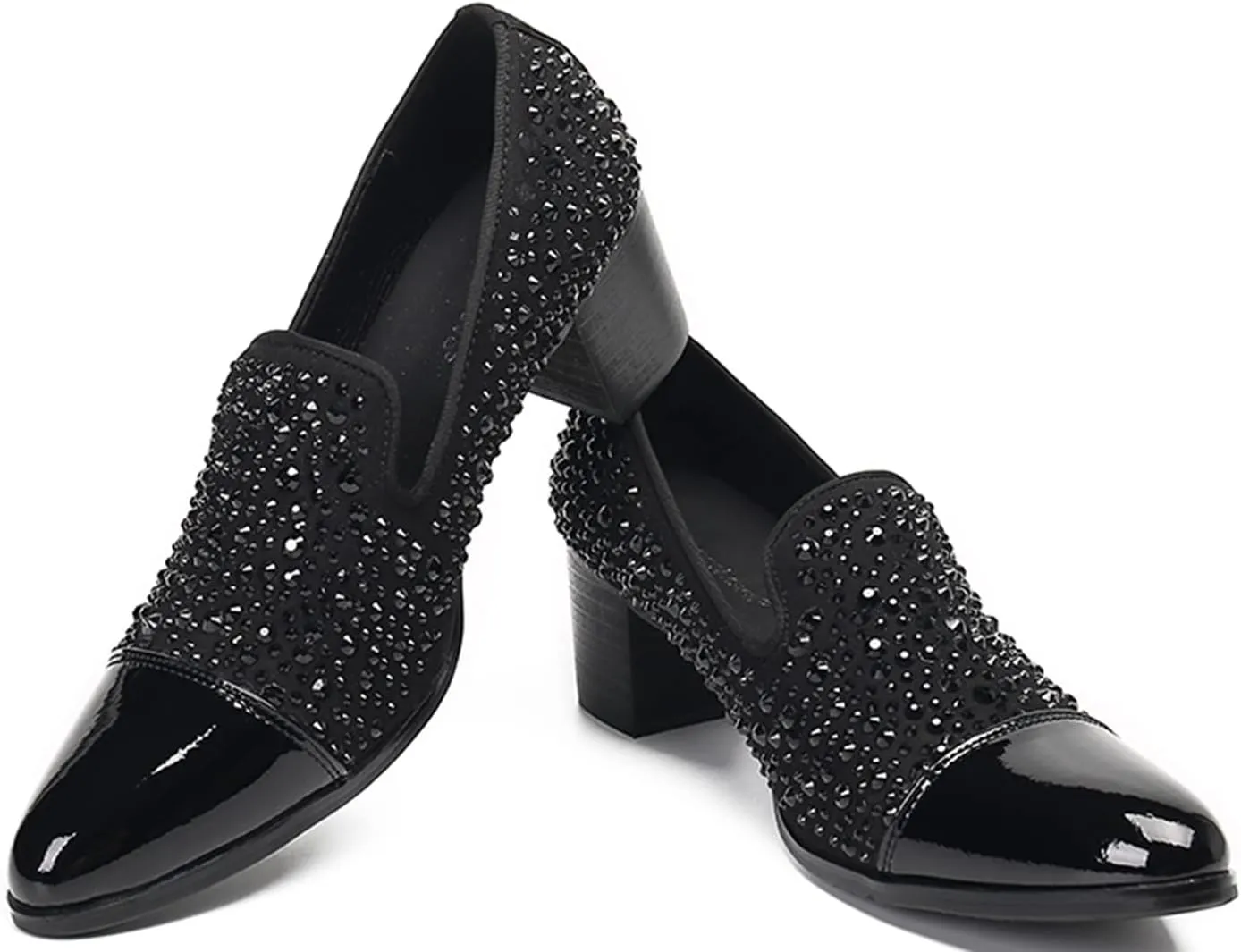 Santimon Mens Penny Loafers Casual Dress Slip On Prom Shoes Genuine Leather Fashion Party Studded Pump Tuxedo Wedding Ballroom Singer Bar Disco Mocassins Western Cowboy Heels Shoes for Men
