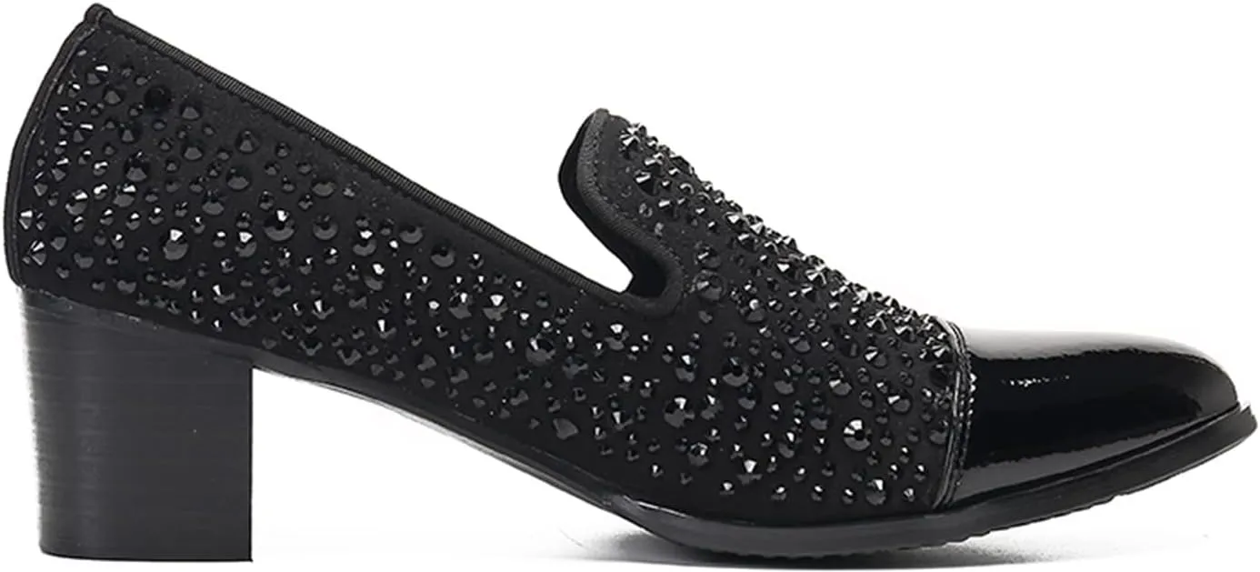 Santimon Mens Penny Loafers Casual Dress Slip On Prom Shoes Genuine Leather Fashion Party Studded Pump Tuxedo Wedding Ballroom Singer Bar Disco Mocassins Western Cowboy Heels Shoes for Men