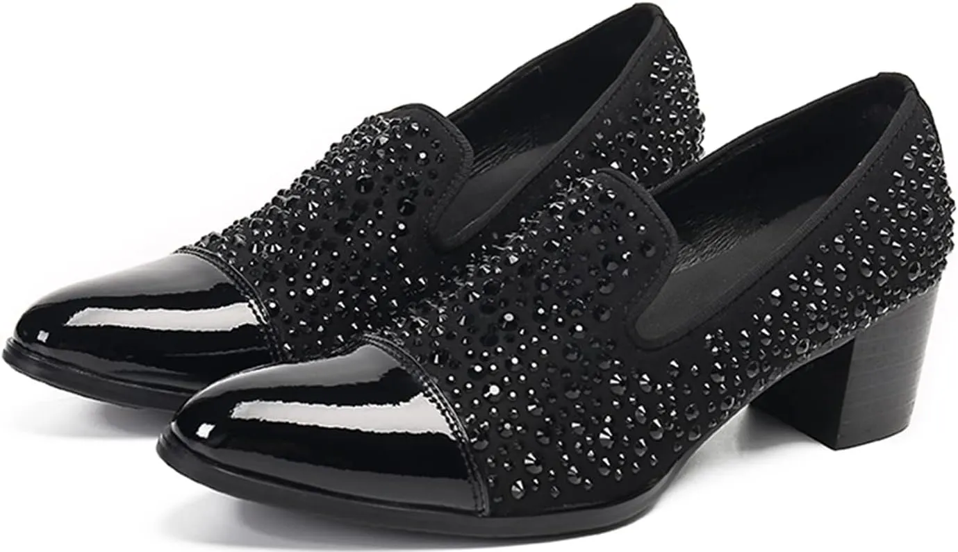 Santimon Mens Penny Loafers Casual Dress Slip On Prom Shoes Genuine Leather Fashion Party Studded Pump Tuxedo Wedding Ballroom Singer Bar Disco Mocassins Western Cowboy Heels Shoes for Men