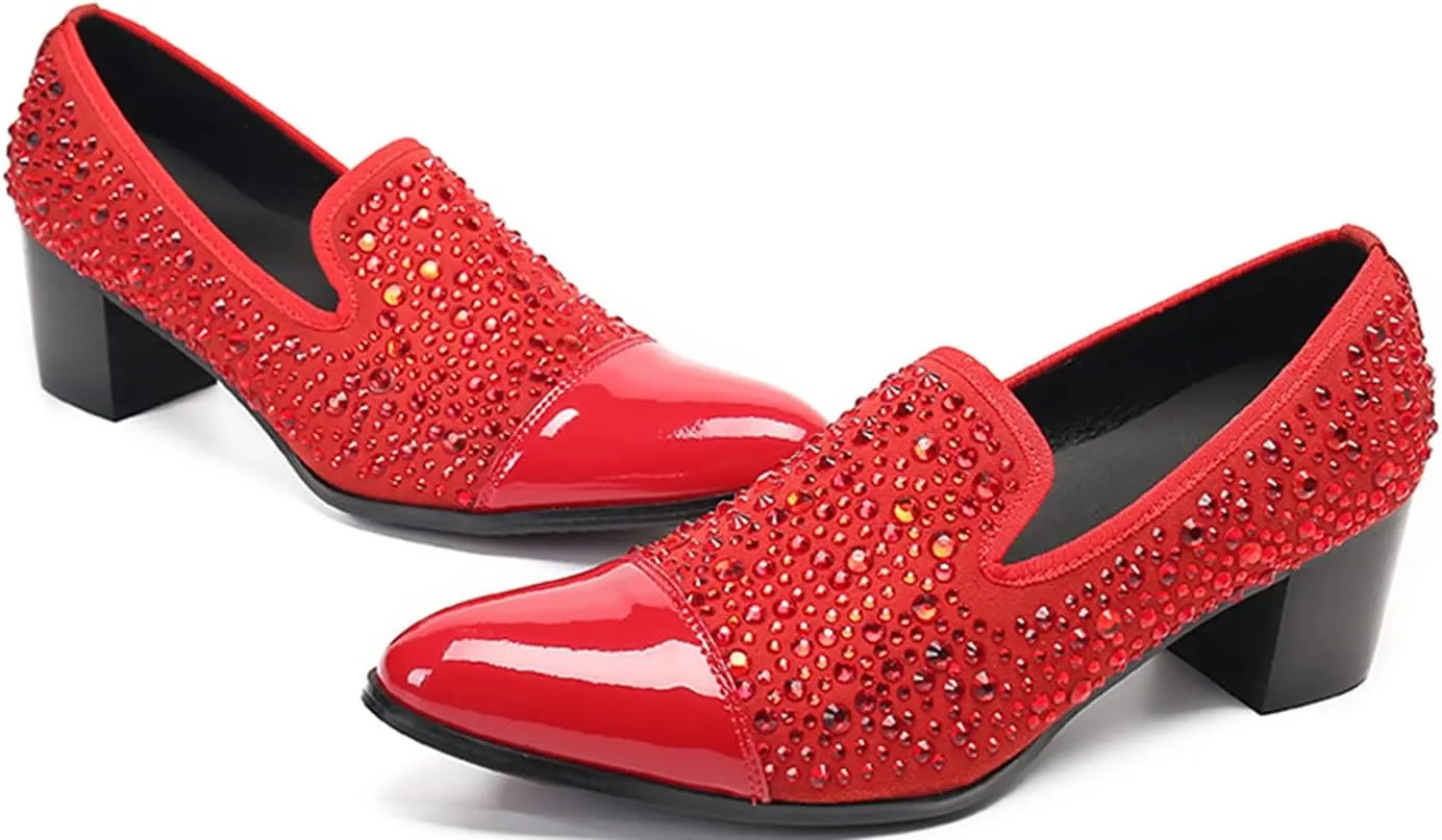 Santimon Mens Penny Loafers Casual Dress Slip On Prom Shoes Genuine Leather Fashion Party Studded Pump Tuxedo Wedding Ballroom Singer Bar Disco Mocassins Western Cowboy Heels Shoes for Men
