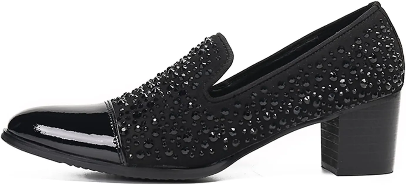 Santimon Mens Penny Loafers Casual Dress Slip On Prom Shoes Genuine Leather Fashion Party Studded Pump Tuxedo Wedding Ballroom Singer Bar Disco Mocassins Western Cowboy Heels Shoes for Men
