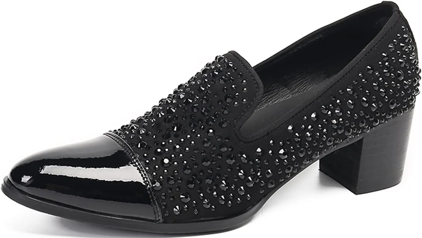 Santimon Mens Penny Loafers Casual Dress Slip On Prom Shoes Genuine Leather Fashion Party Studded Pump Tuxedo Wedding Ballroom Singer Bar Disco Mocassins Western Cowboy Heels Shoes for Men