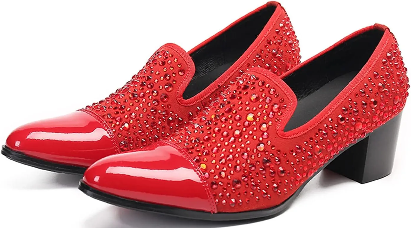 Santimon Mens Penny Loafers Casual Dress Slip On Prom Shoes Genuine Leather Fashion Party Studded Pump Tuxedo Wedding Ballroom Singer Bar Disco Mocassins Western Cowboy Heels Shoes for Men