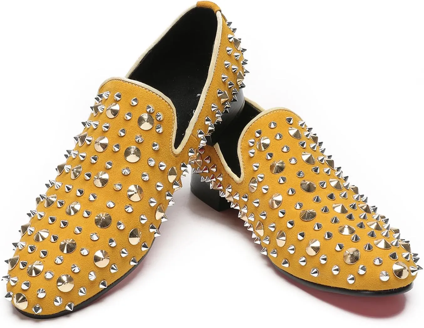 Santimon Mens Studded Loafers Spikes Rivets Luxury Penny Loafers Wedding Dress Slip On Party Prom Shoes Wingtip Suede Mocasines Casual Tuxedo Western Dsico Ballroom Smoking Shoes for Men