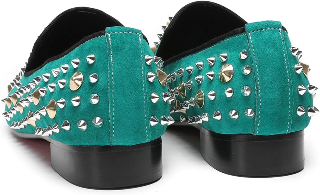 Santimon Mens Studded Loafers Spikes Rivets Luxury Penny Loafers Wedding Dress Slip On Party Prom Shoes Wingtip Suede Mocasines Casual Tuxedo Western Dsico Ballroom Smoking Shoes for Men