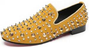 Santimon Mens Studded Loafers Spikes Rivets Luxury Penny Loafers Wedding Dress Slip On Party Prom Shoes Wingtip Suede Mocasines Casual Tuxedo Western Dsico Ballroom Smoking Shoes for Men