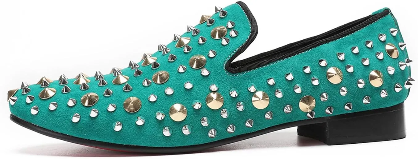 Santimon Mens Studded Loafers Spikes Rivets Luxury Penny Loafers Wedding Dress Slip On Party Prom Shoes Wingtip Suede Mocasines Casual Tuxedo Western Dsico Ballroom Smoking Shoes for Men