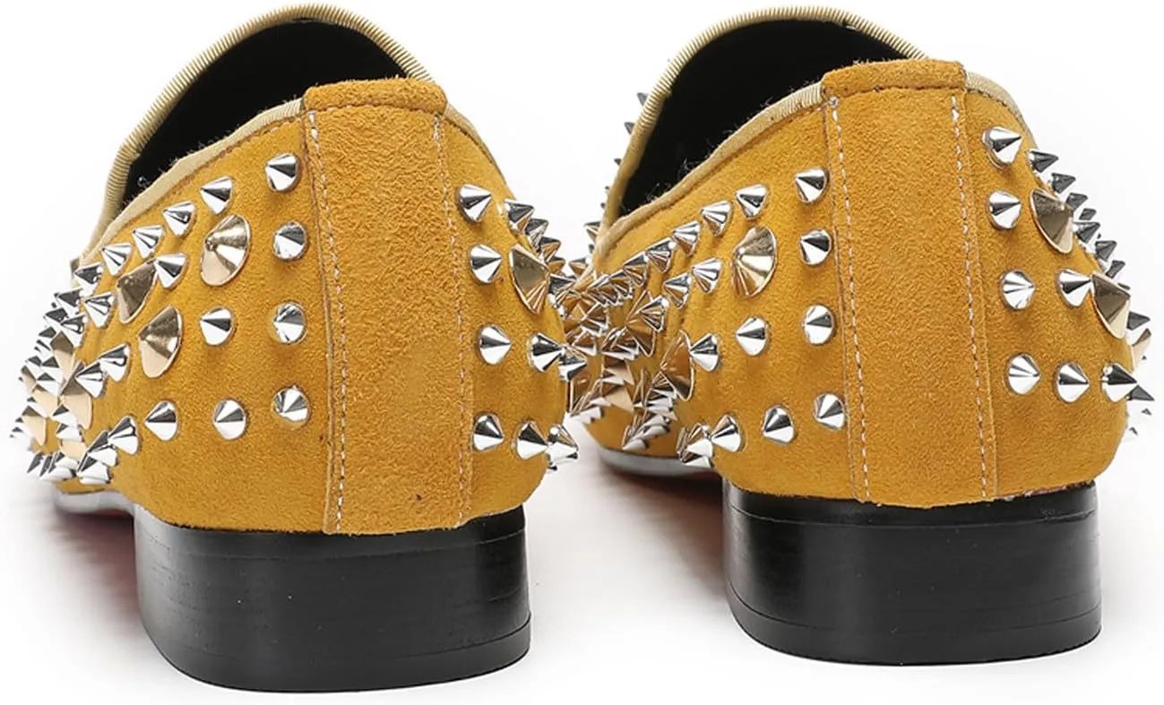 Santimon Mens Studded Loafers Spikes Rivets Luxury Penny Loafers Wedding Dress Slip On Party Prom Shoes Wingtip Suede Mocasines Casual Tuxedo Western Dsico Ballroom Smoking Shoes for Men