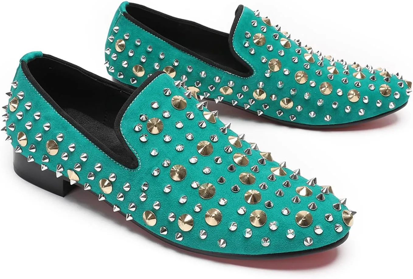 Santimon Mens Studded Loafers Spikes Rivets Luxury Penny Loafers Wedding Dress Slip On Party Prom Shoes Wingtip Suede Mocasines Casual Tuxedo Western Dsico Ballroom Smoking Shoes for Men