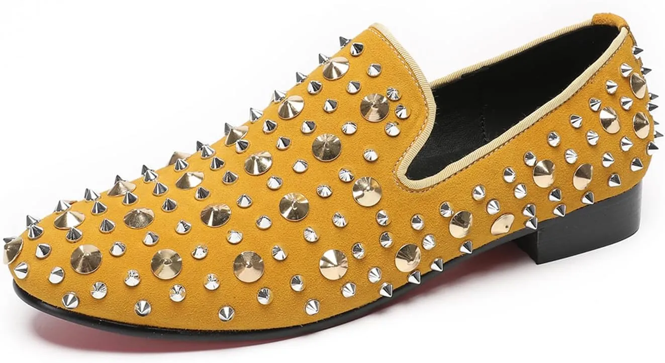 Santimon Mens Studded Loafers Spikes Rivets Luxury Penny Loafers Wedding Dress Slip On Party Prom Shoes Wingtip Suede Mocasines Casual Tuxedo Western Dsico Ballroom Smoking Shoes for Men