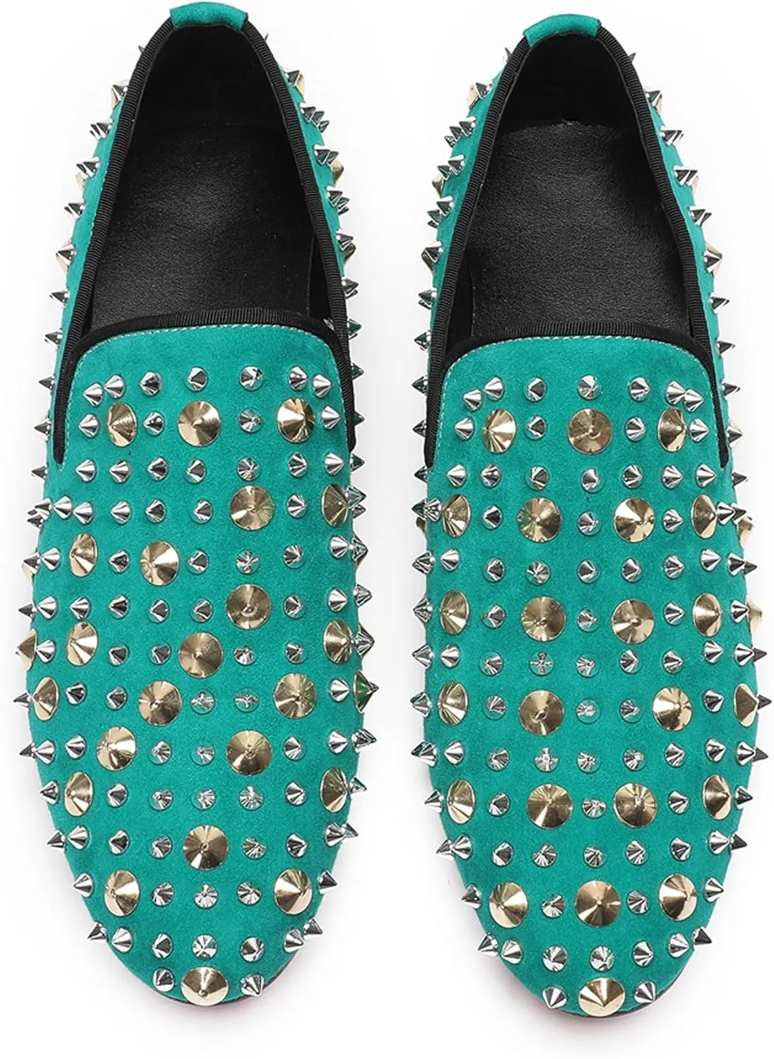 Santimon Mens Studded Loafers Spikes Rivets Luxury Penny Loafers Wedding Dress Slip On Party Prom Shoes Wingtip Suede Mocasines Casual Tuxedo Western Dsico Ballroom Smoking Shoes for Men