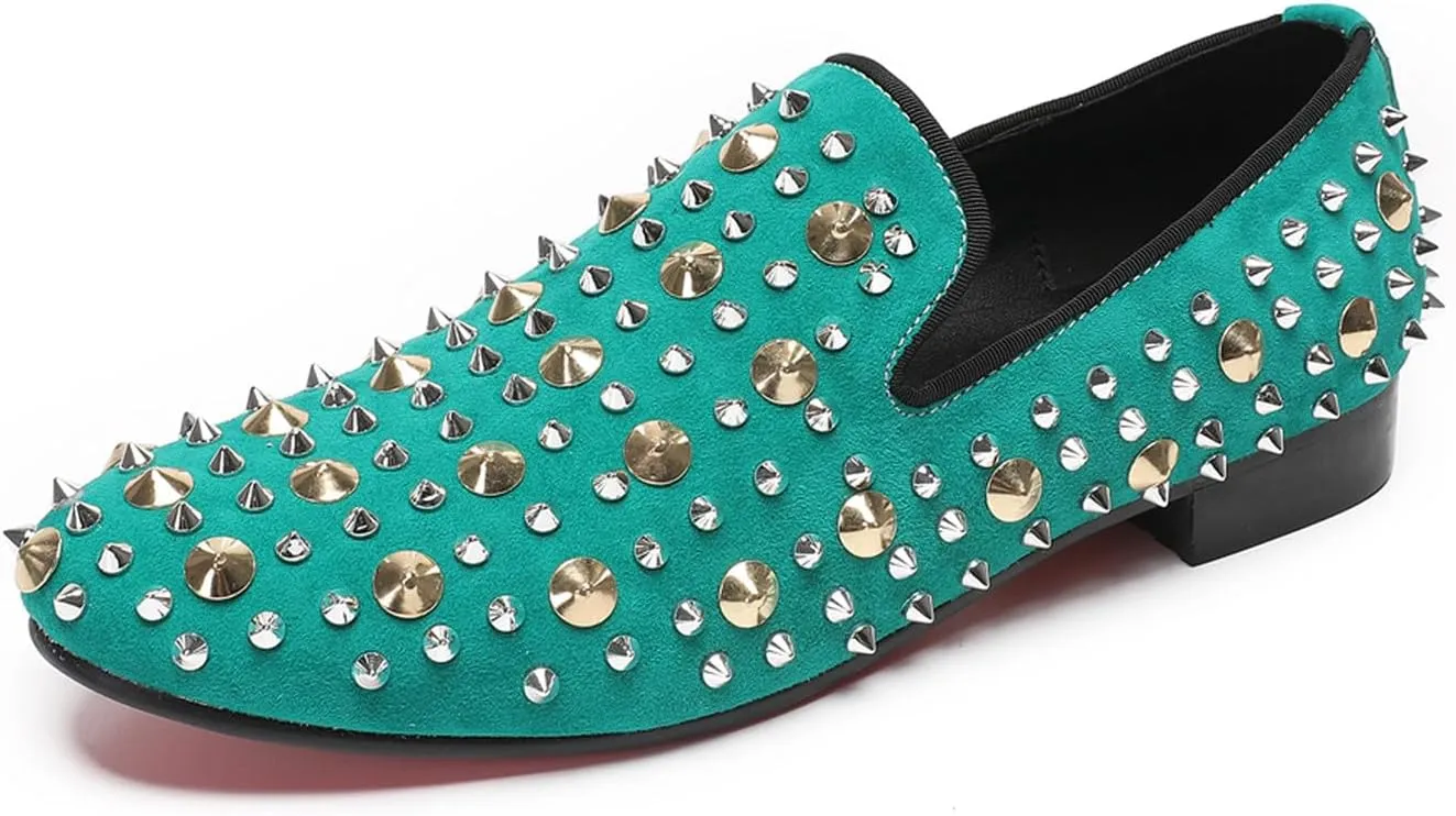 Santimon Mens Studded Loafers Spikes Rivets Luxury Penny Loafers Wedding Dress Slip On Party Prom Shoes Wingtip Suede Mocasines Casual Tuxedo Western Dsico Ballroom Smoking Shoes for Men