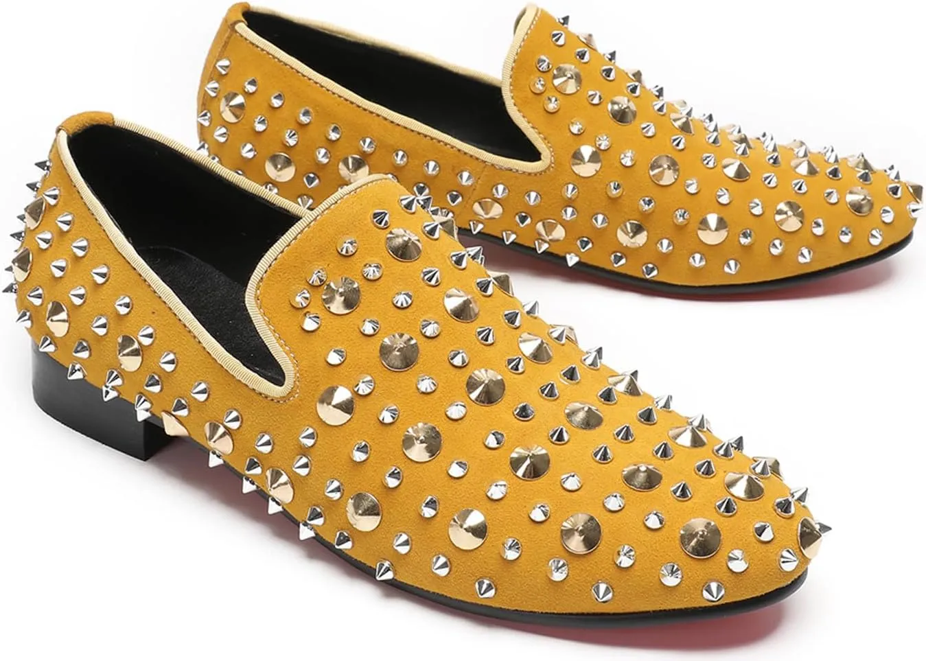 Santimon Mens Studded Loafers Spikes Rivets Luxury Penny Loafers Wedding Dress Slip On Party Prom Shoes Wingtip Suede Mocasines Casual Tuxedo Western Dsico Ballroom Smoking Shoes for Men