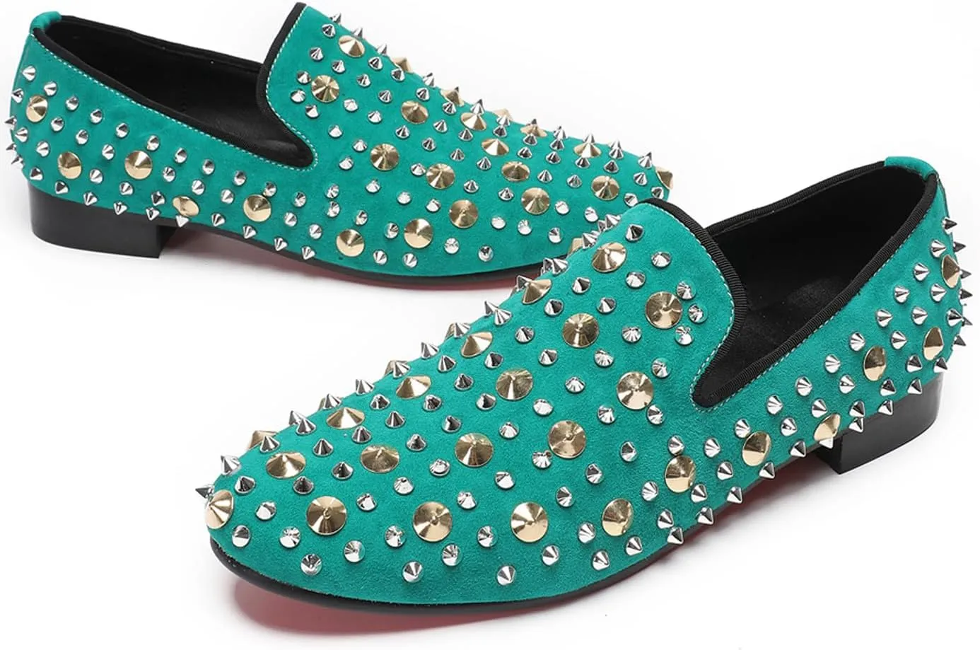 Santimon Mens Studded Loafers Spikes Rivets Luxury Penny Loafers Wedding Dress Slip On Party Prom Shoes Wingtip Suede Mocasines Casual Tuxedo Western Dsico Ballroom Smoking Shoes for Men