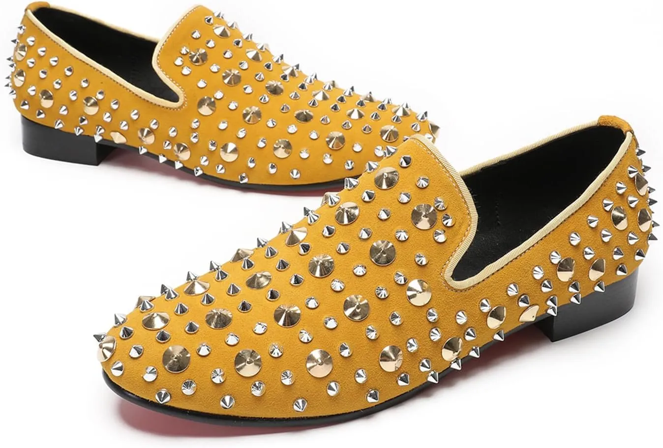 Santimon Mens Studded Loafers Spikes Rivets Luxury Penny Loafers Wedding Dress Slip On Party Prom Shoes Wingtip Suede Mocasines Casual Tuxedo Western Dsico Ballroom Smoking Shoes for Men