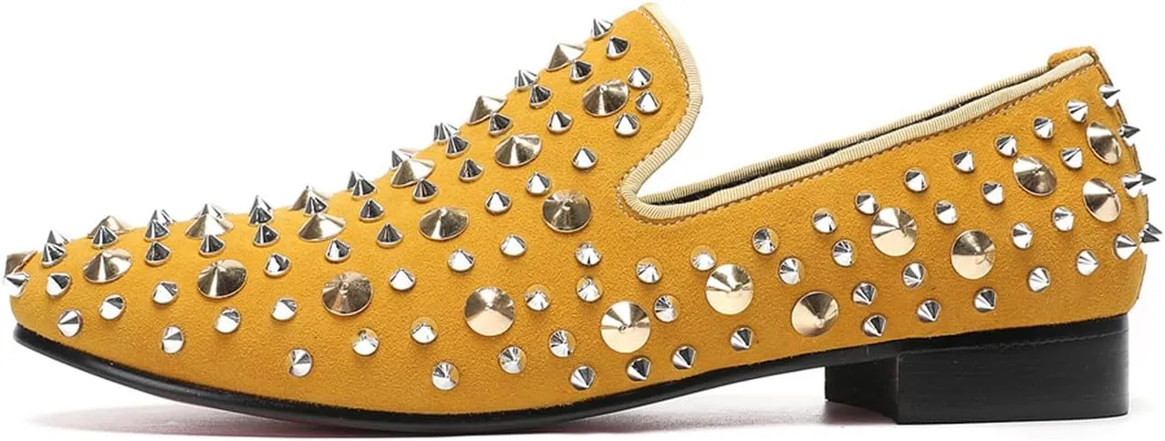 Santimon Mens Studded Loafers Spikes Rivets Luxury Penny Loafers Wedding Dress Slip On Party Prom Shoes Wingtip Suede Mocasines Casual Tuxedo Western Dsico Ballroom Smoking Shoes for Men