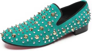 Santimon Mens Studded Loafers Spikes Rivets Luxury Penny Loafers Wedding Dress Slip On Party Prom Shoes Wingtip Suede Mocasines Casual Tuxedo Western Dsico Ballroom Smoking Shoes for Men