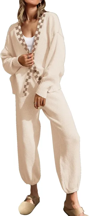 SAUKOLE Womens Two Piece Outfits Knit Sweater Sets Oversized Button Down Cardigan and Long Pants Matching Lounge Set
