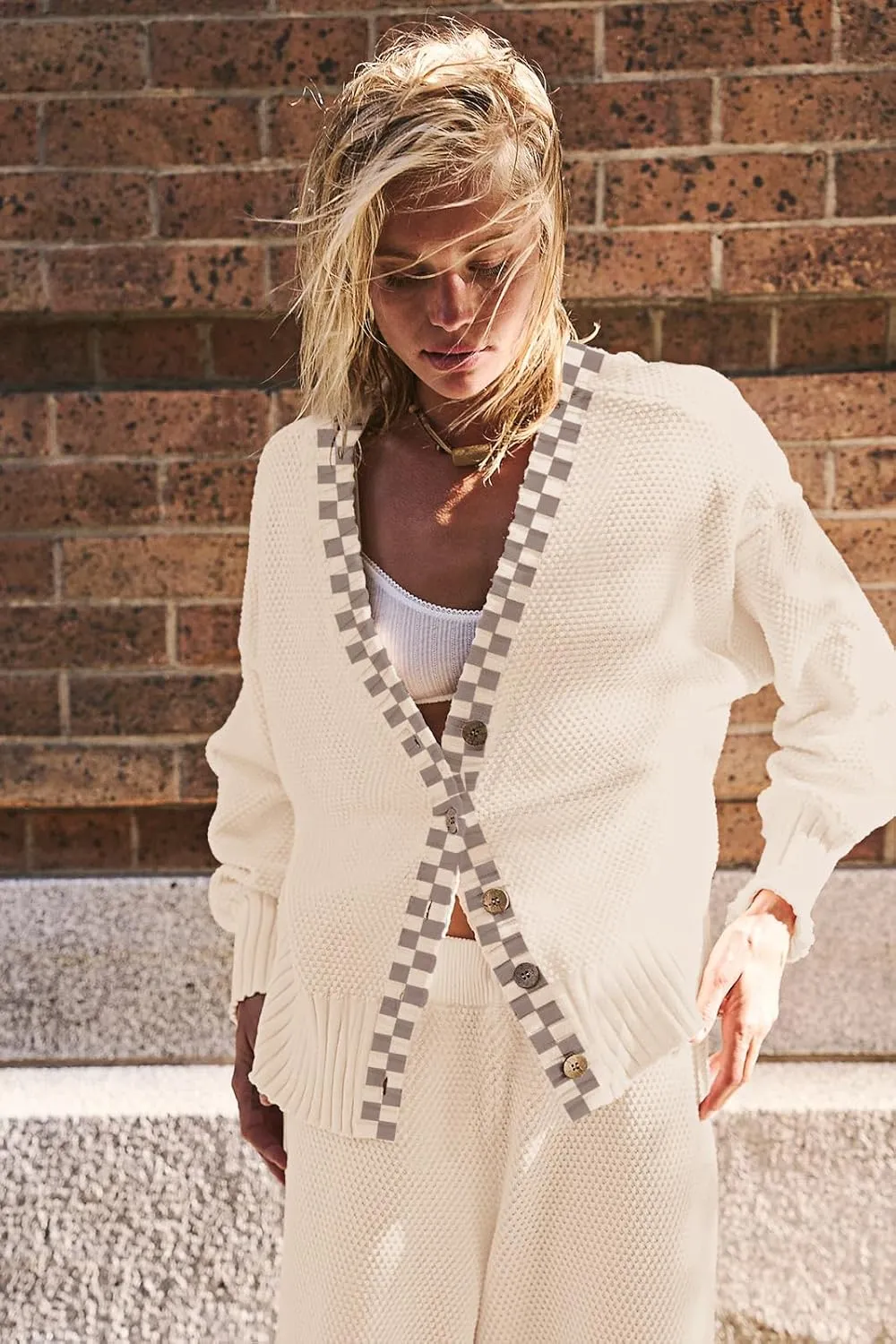 SAUKOLE Womens Two Piece Outfits Knit Sweater Sets Oversized Button Down Cardigan and Long Pants Matching Lounge Set