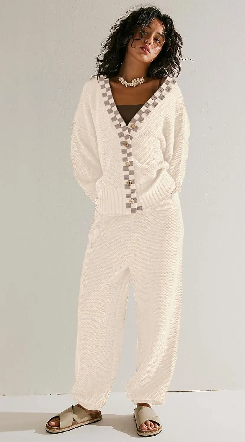 SAUKOLE Womens Two Piece Outfits Knit Sweater Sets Oversized Button Down Cardigan and Long Pants Matching Lounge Set