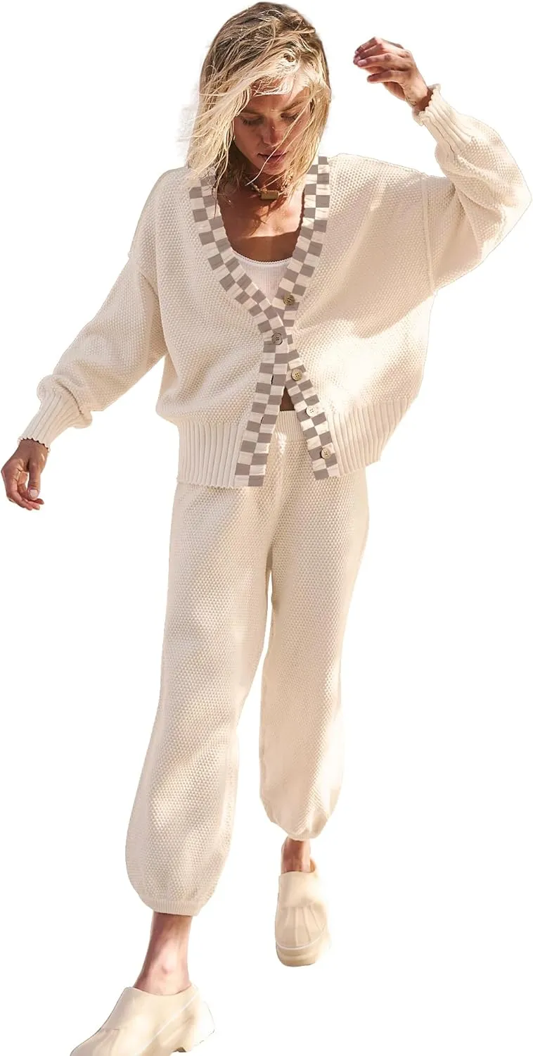 SAUKOLE Womens Two Piece Outfits Knit Sweater Sets Oversized Button Down Cardigan and Long Pants Matching Lounge Set