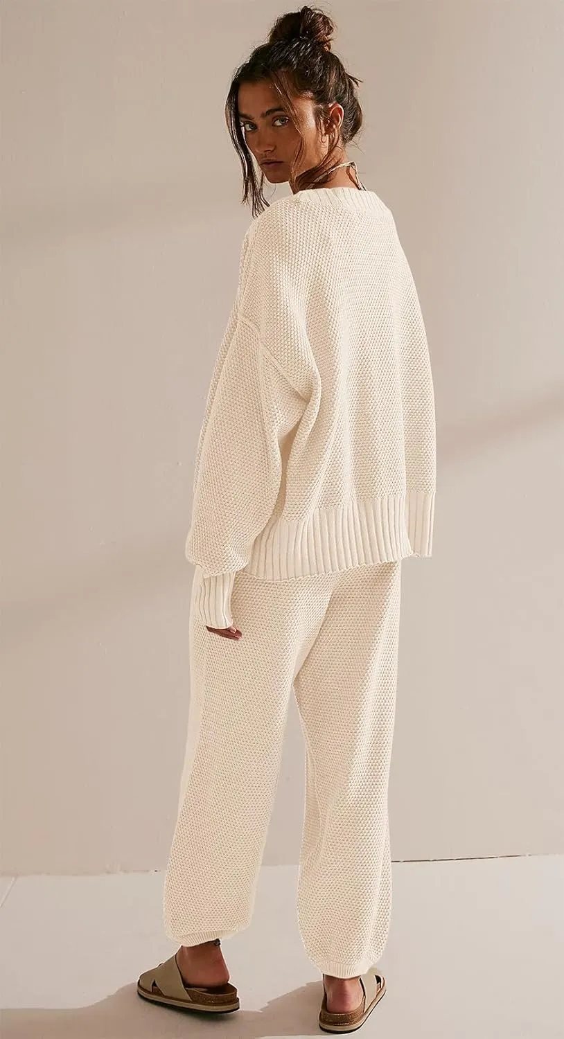 SAUKOLE Womens Two Piece Outfits Knit Sweater Sets Oversized Button Down Cardigan and Long Pants Matching Lounge Set