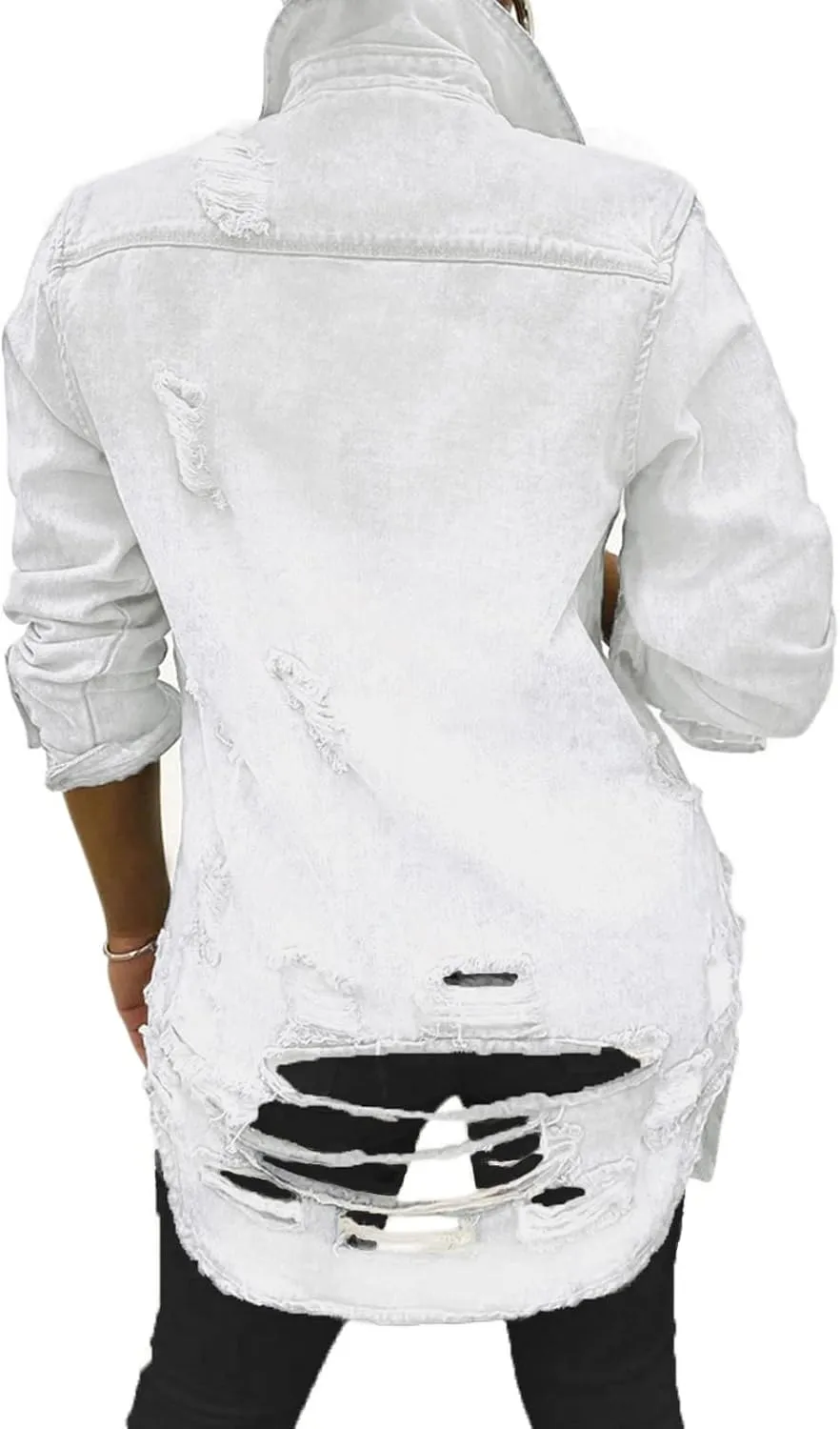 SeNight Women's Jean Jacket Long Sleeve Classic Distressed Fray Hem Tassels Denim Trucker Jackets