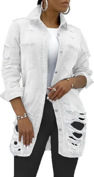 SeNight Women's Jean Jacket Long Sleeve Classic Distressed Fray Hem Tassels Denim Trucker Jackets