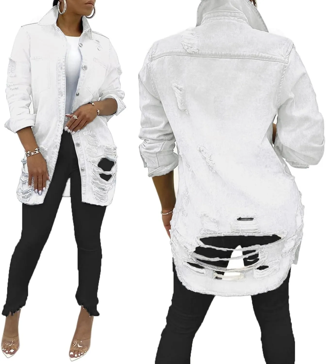 SeNight Women's Jean Jacket Long Sleeve Classic Distressed Fray Hem Tassels Denim Trucker Jackets