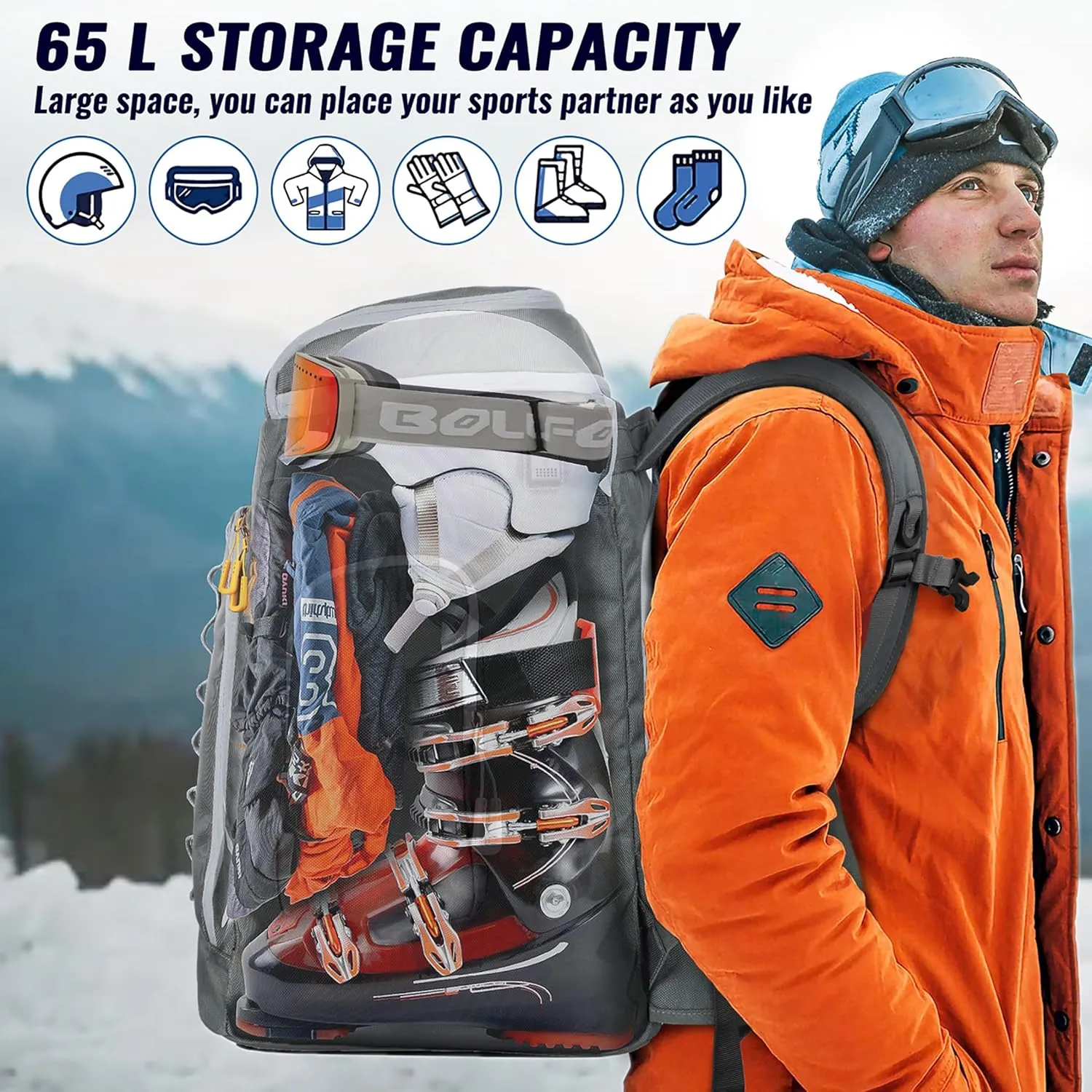 Ski Boot Bag, 65L Ski Boot Bag Backpack 1680D Nylon Waterproof Ski Bag for, Skis Snowboard & Accessories