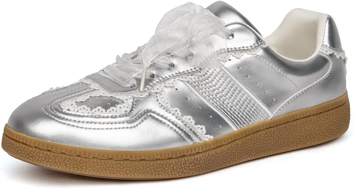 Sneakers for Women Lace Detail – Elegant Ribbon Lace-Up Womens Sneakers with Leather Upper Memory Foam Insole and Non-Slip Casual Shoes for Women Spring Shoes Low Top