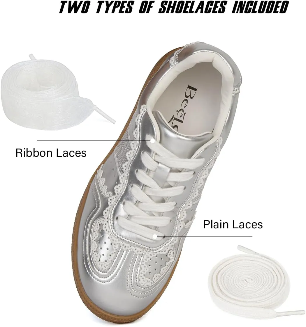 Sneakers for Women Lace Detail – Elegant Ribbon Lace-Up Womens Sneakers with Leather Upper Memory Foam Insole and Non-Slip Casual Shoes for Women Spring Shoes Low Top