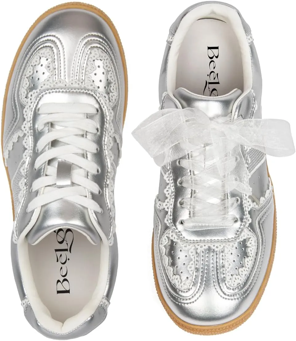 Sneakers for Women Lace Detail – Elegant Ribbon Lace-Up Womens Sneakers with Leather Upper Memory Foam Insole and Non-Slip Casual Shoes for Women Spring Shoes Low Top